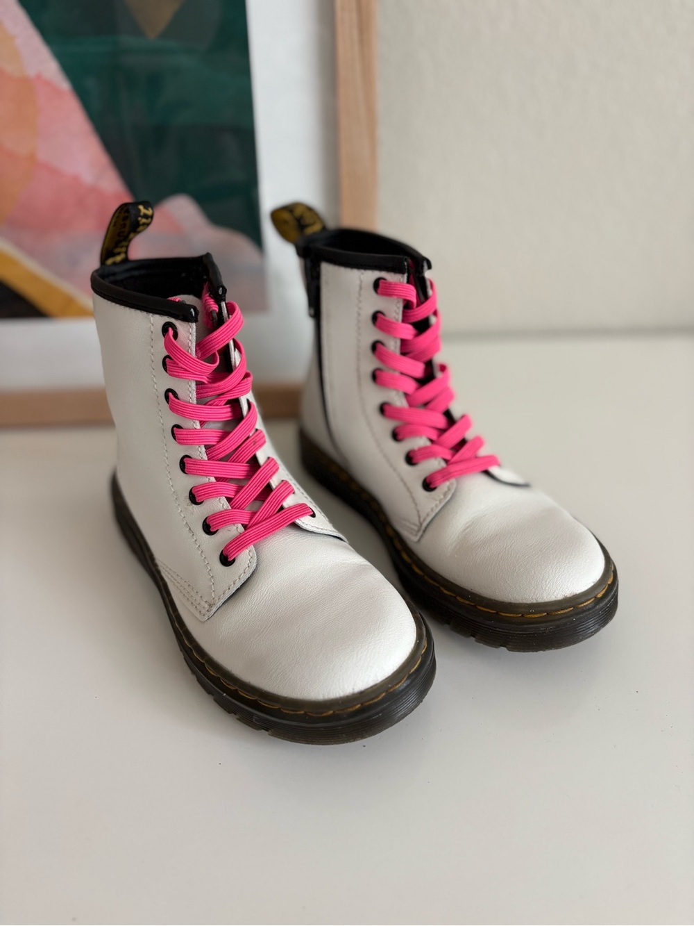Dr. Martens White Leather Kids Boots with Pink Laces